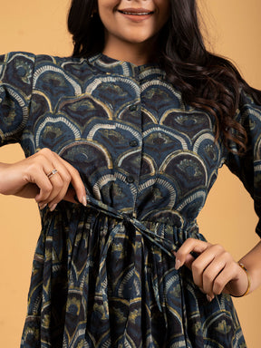 Dark Blue Printed Flared Cotton Dress