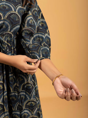 Dark Blue Printed Flared Cotton Dress