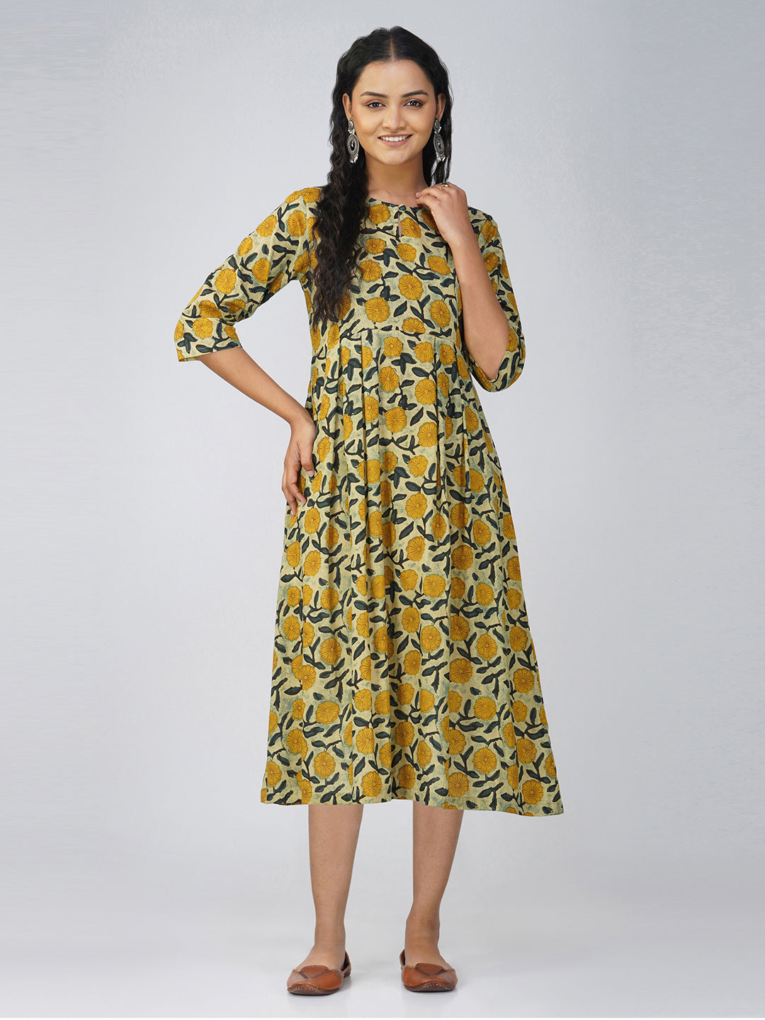 Green and Mustard Flared Cotton Dress