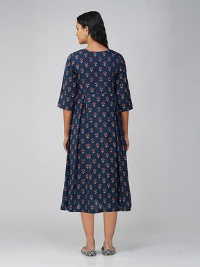 Navy Blue Flared Cotton Dress