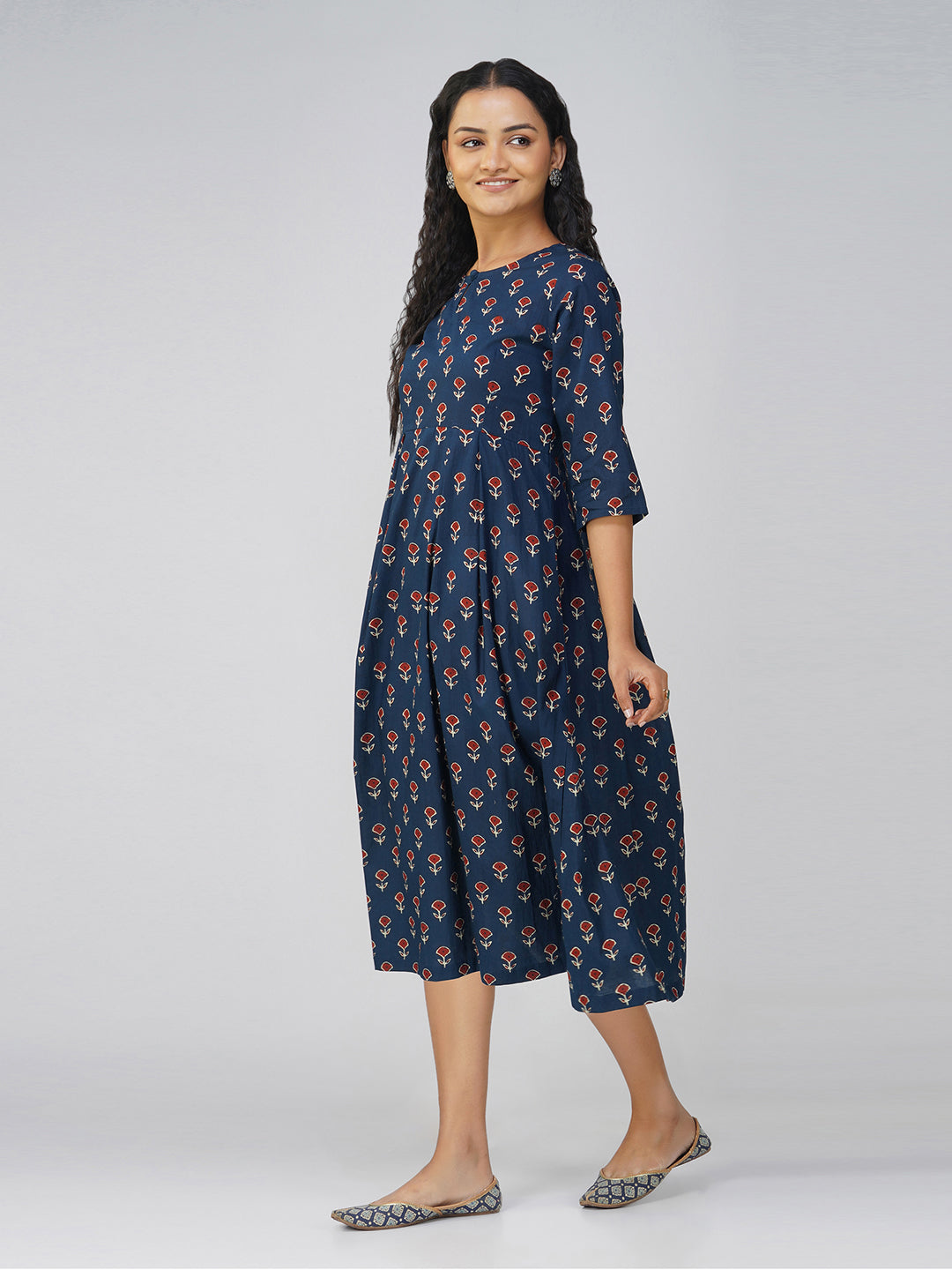 Navy Blue Flared Cotton Dress