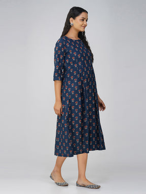 Navy Blue Flared Cotton Dress