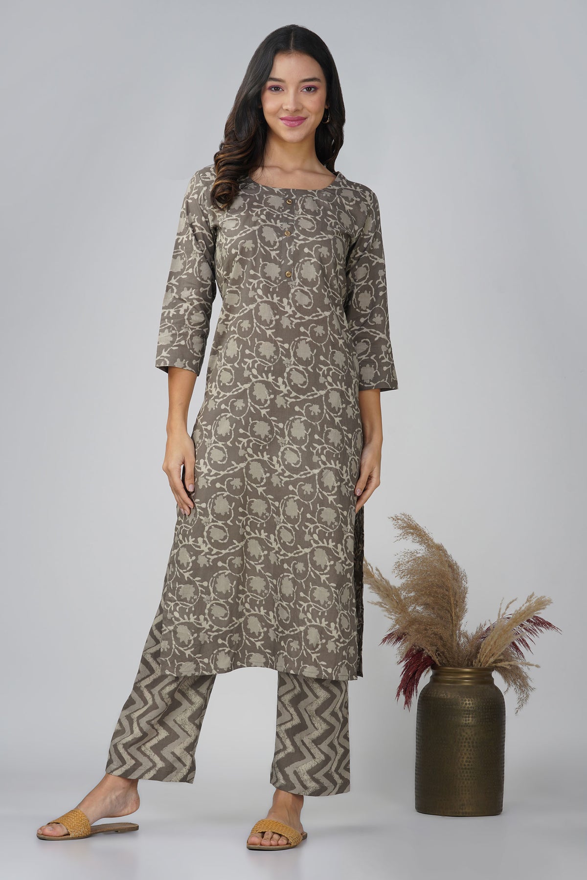 Granite Grey Printed Round Neck Cotton Kurta Set