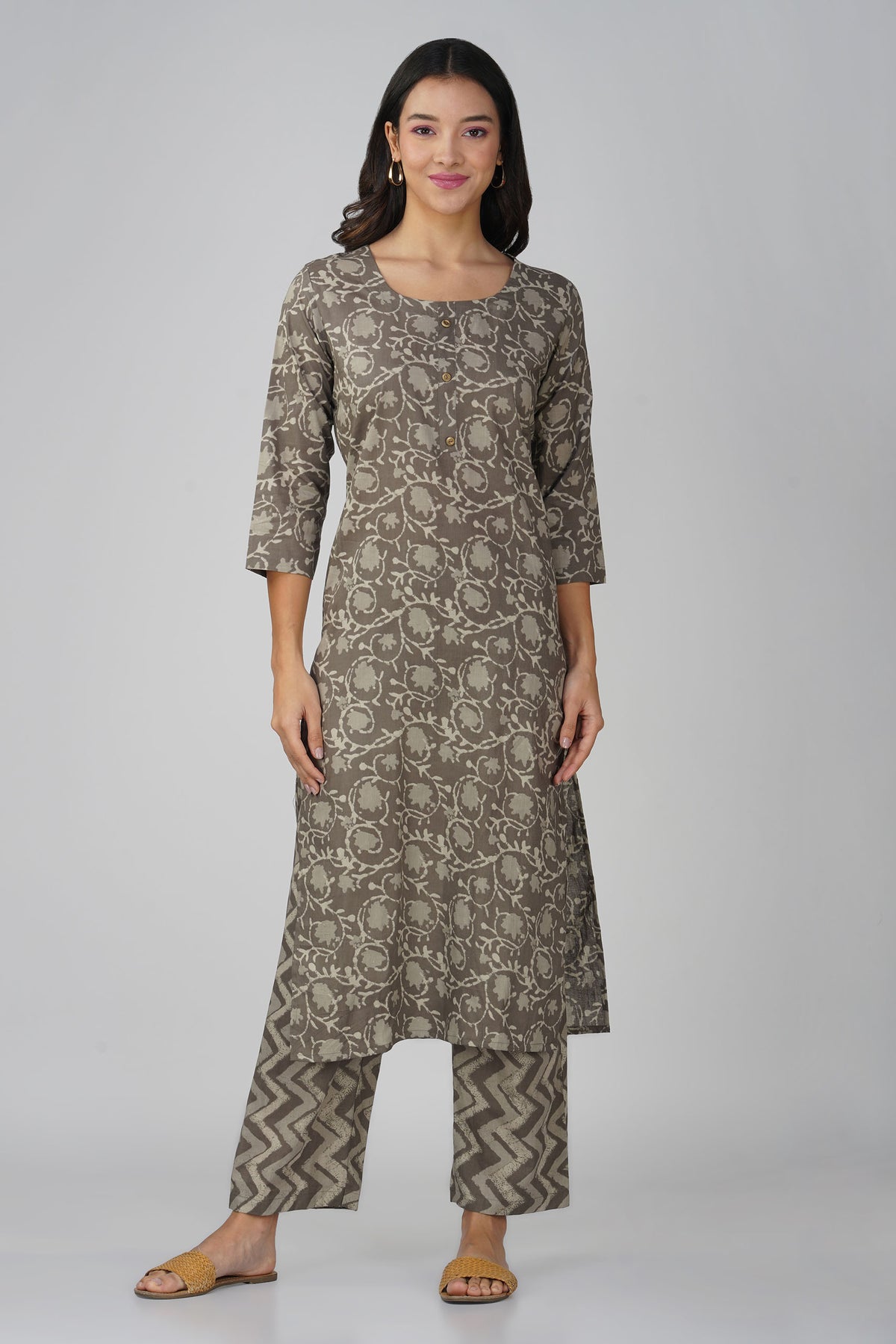 Granite Grey Printed Round Neck Cotton Kurta Set