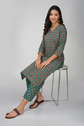 Green Printed V-Neck Cotton Kurta Set