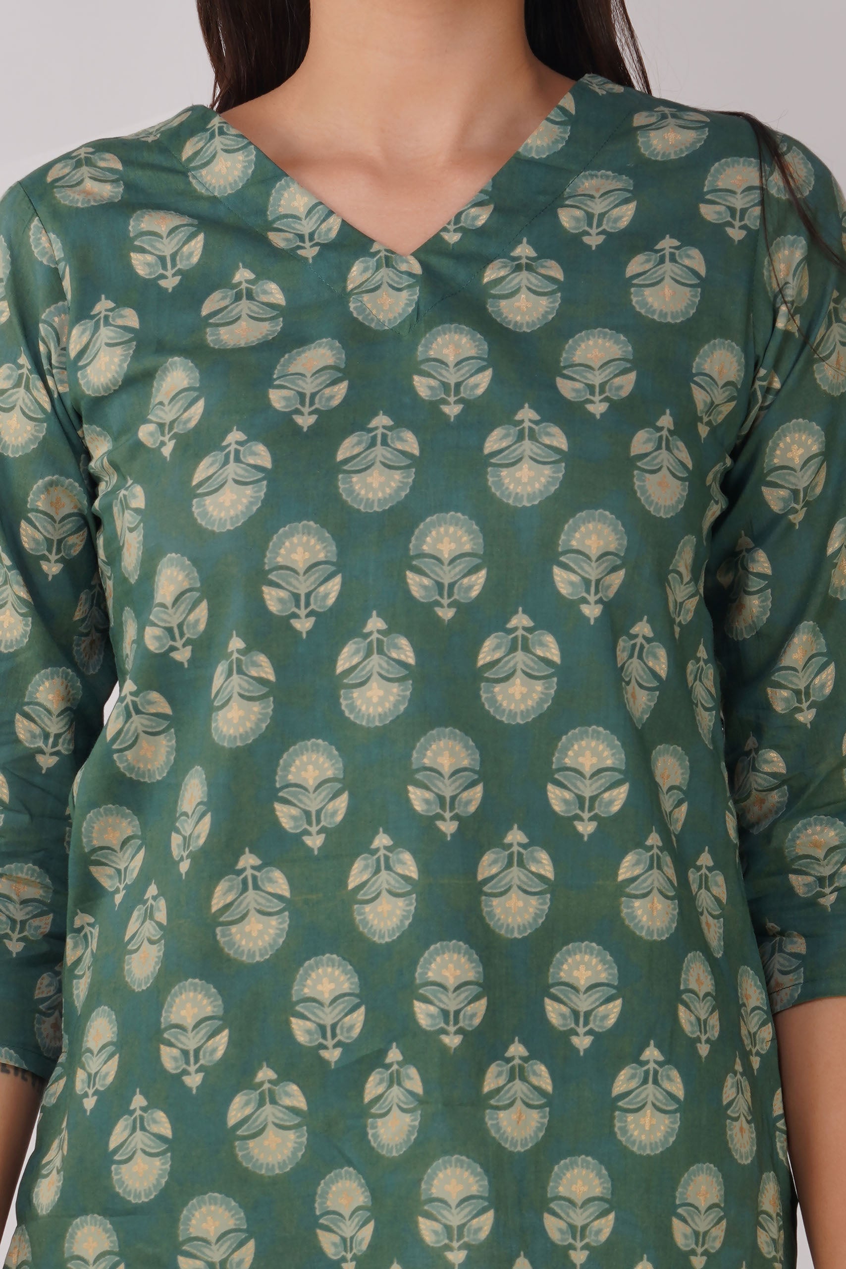 Green Printed V-Neck Cotton Top