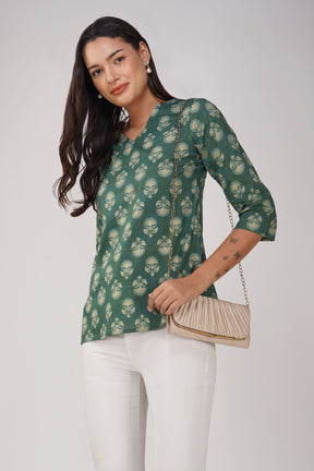 Green Printed V-Neck Cotton Top