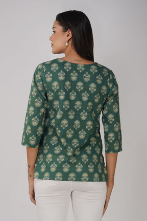 Green Printed V-Neck Cotton Top