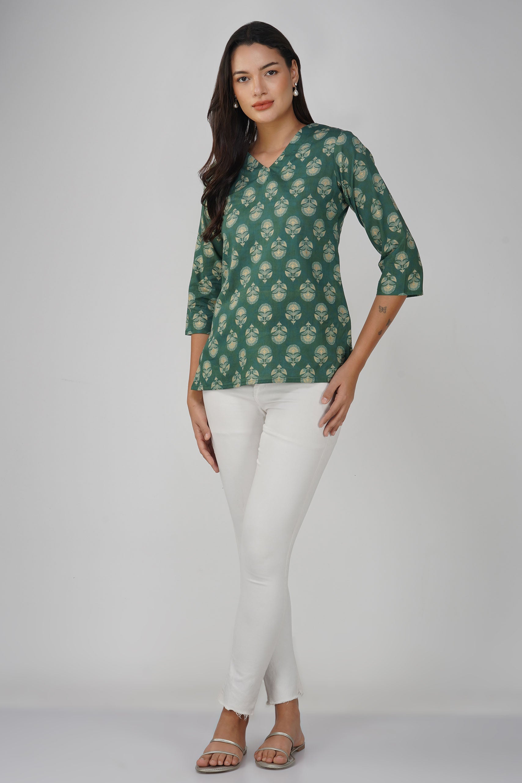 Green Printed V-Neck Cotton Top