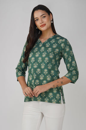 Green Printed V-Neck Cotton Top