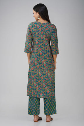 Green Printed V-Neck Cotton Kurta Set