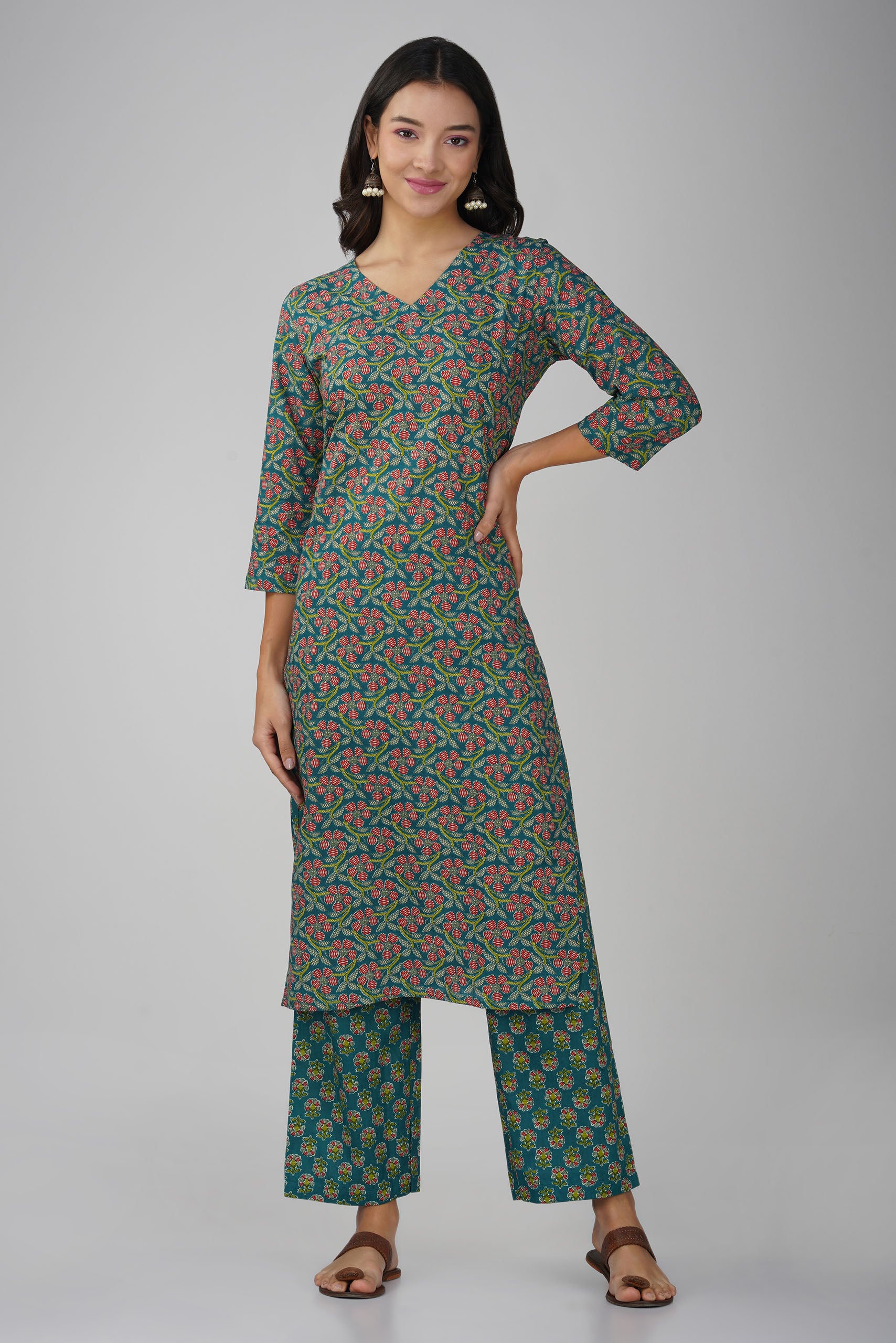 Green Printed V-Neck Cotton Kurta Set