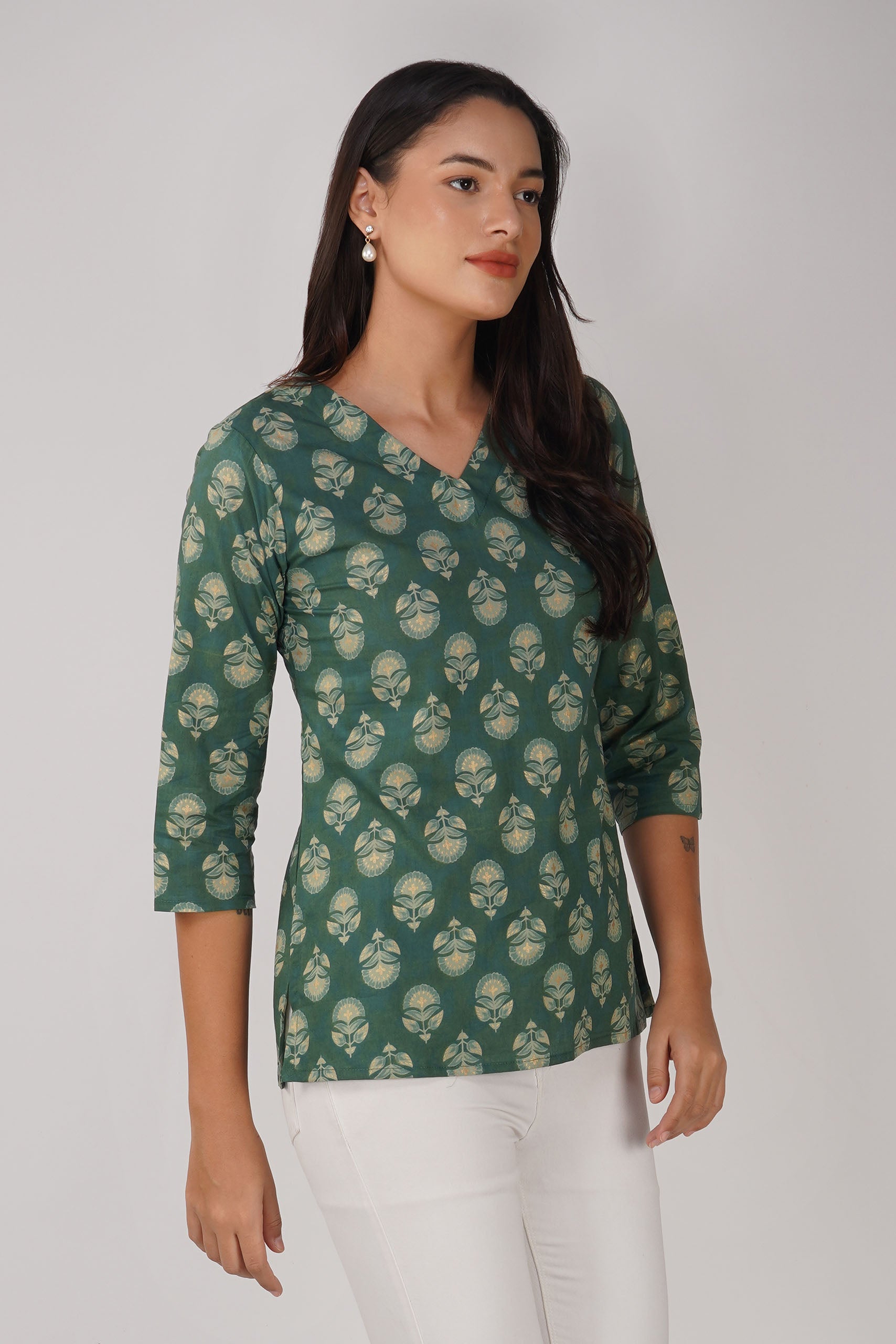 Green Printed V-Neck Cotton Top