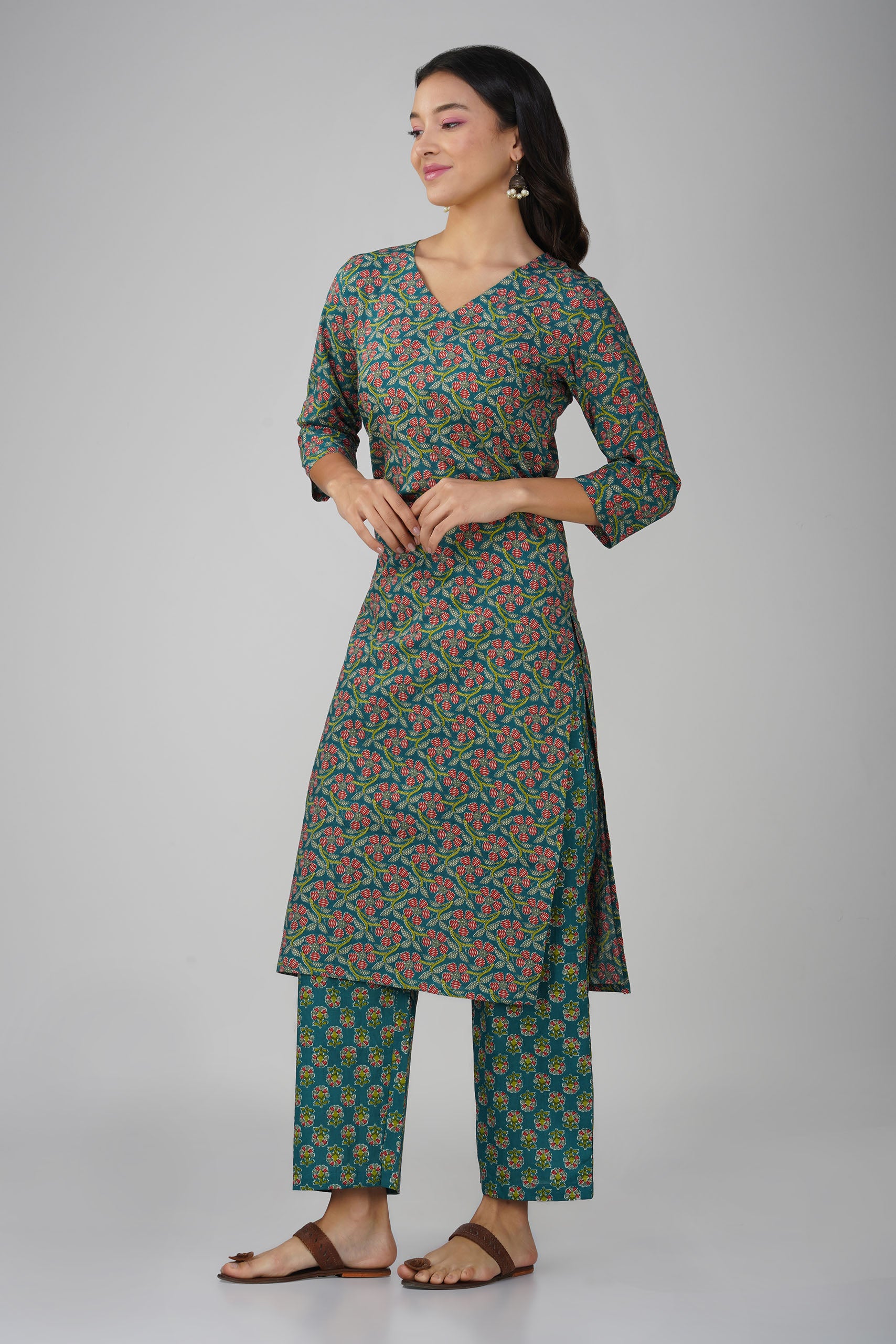 Green Printed V-Neck Cotton Kurta Set