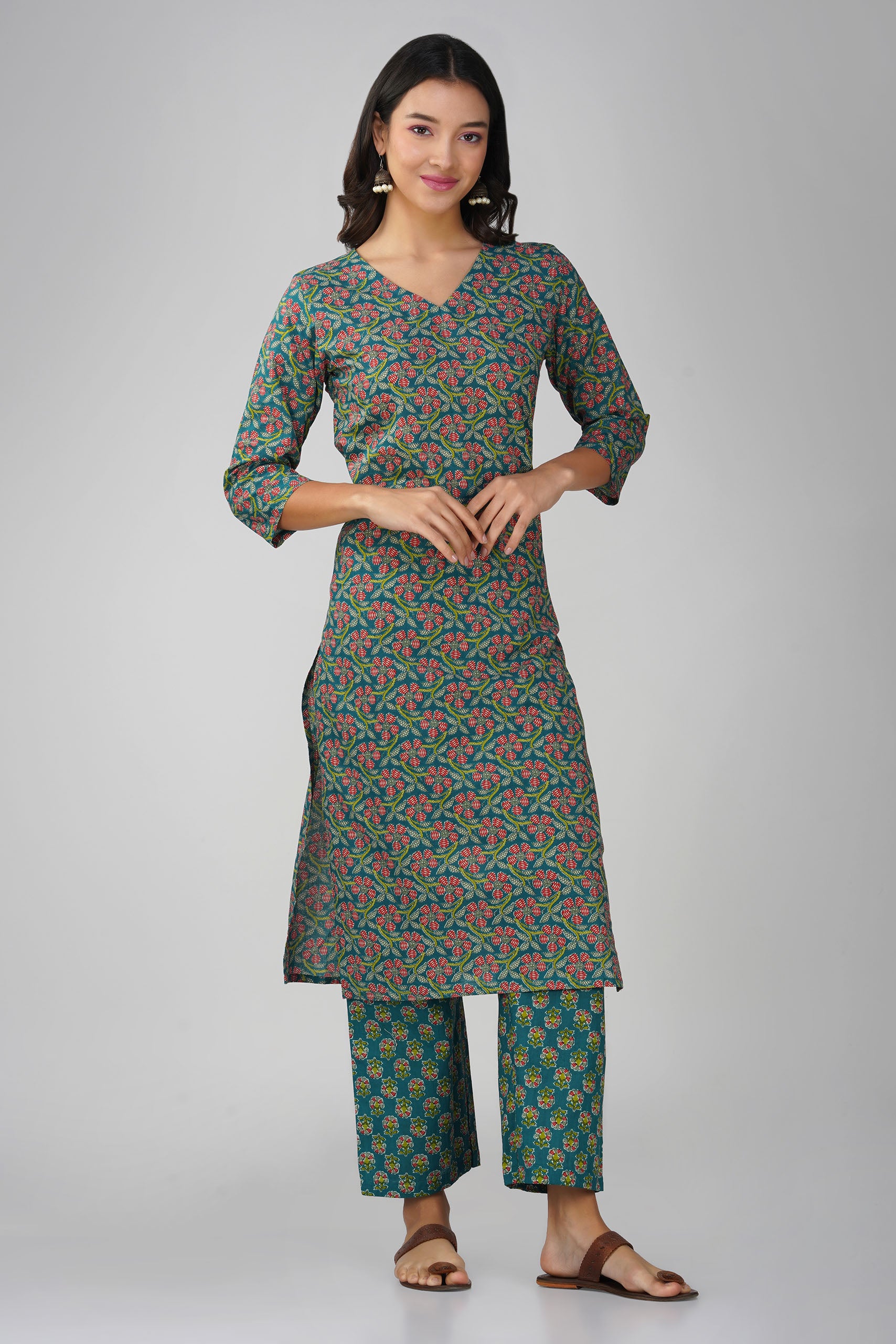 Green Printed V-Neck Cotton Kurta Set