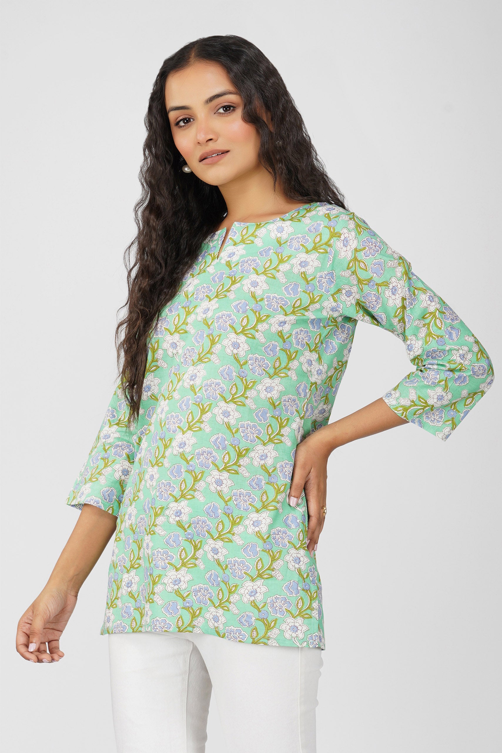 Green Veil Print Cotton Top