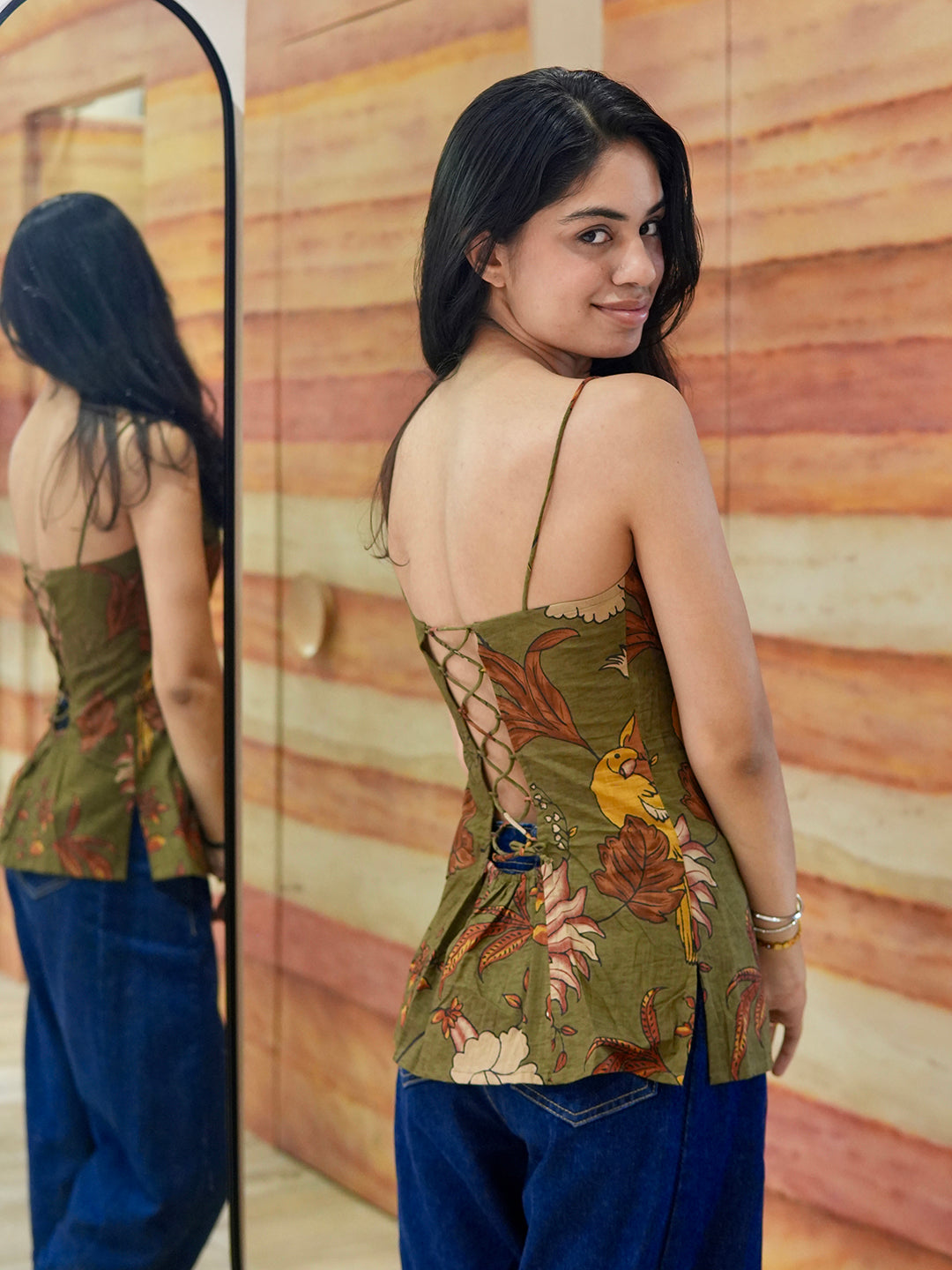 Green Printed Cotton Corset Top