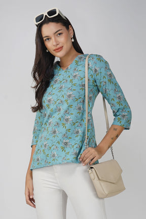 Light Blue Printed V-Neck Cotton Top