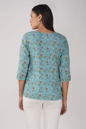 Light Blue Printed V-Neck Cotton Top