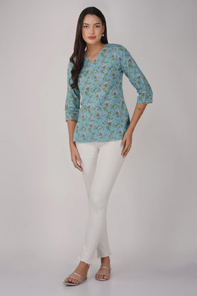 Light Blue Printed V-Neck Cotton Top