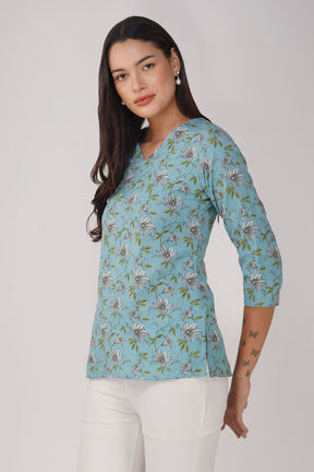 Light Blue Printed V-Neck Cotton Top