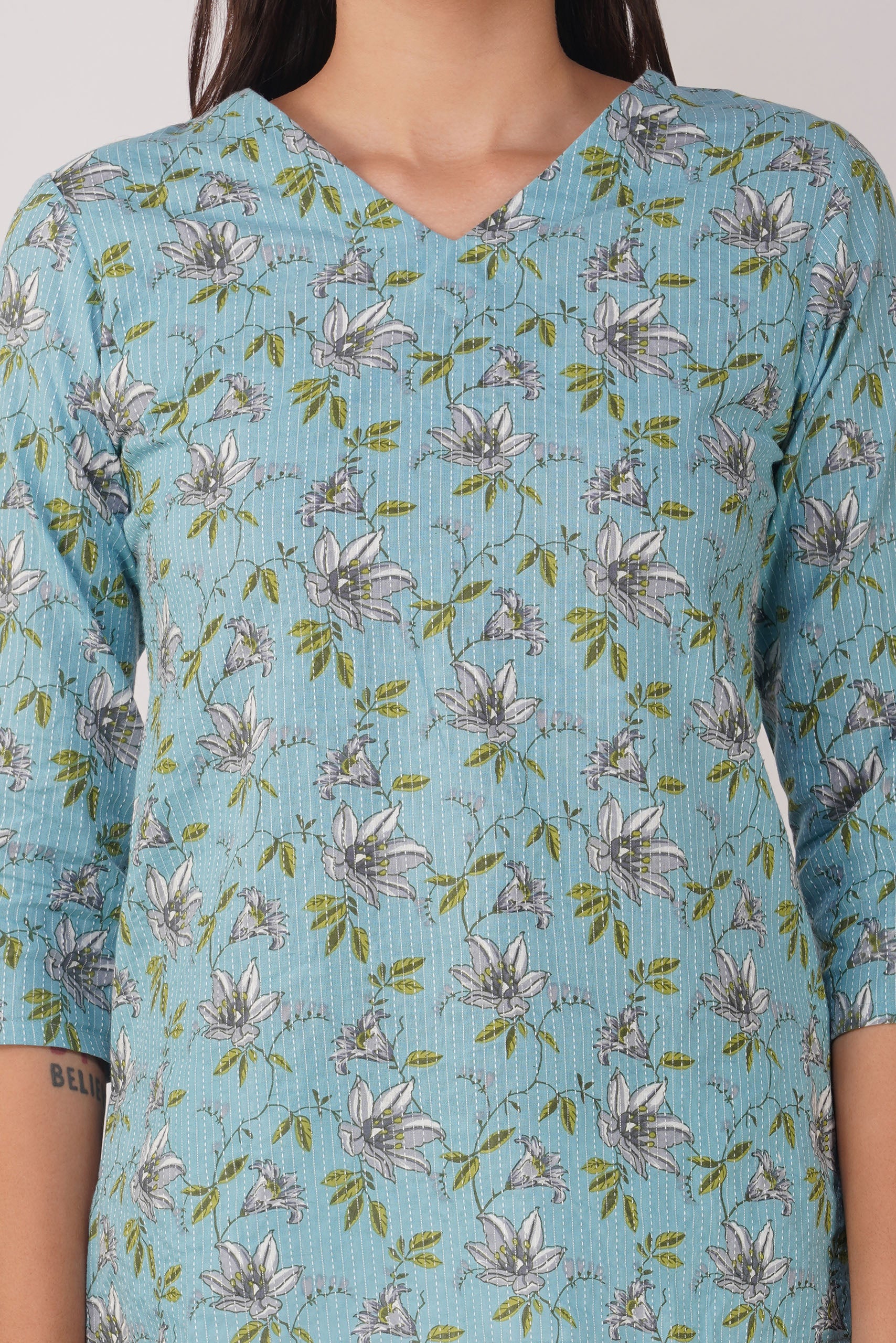 Light Blue Printed V-Neck Cotton Top