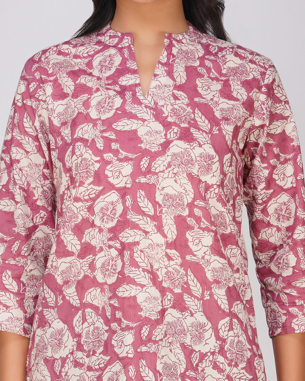 Pink Printed Mandarin Collar Cotton Top