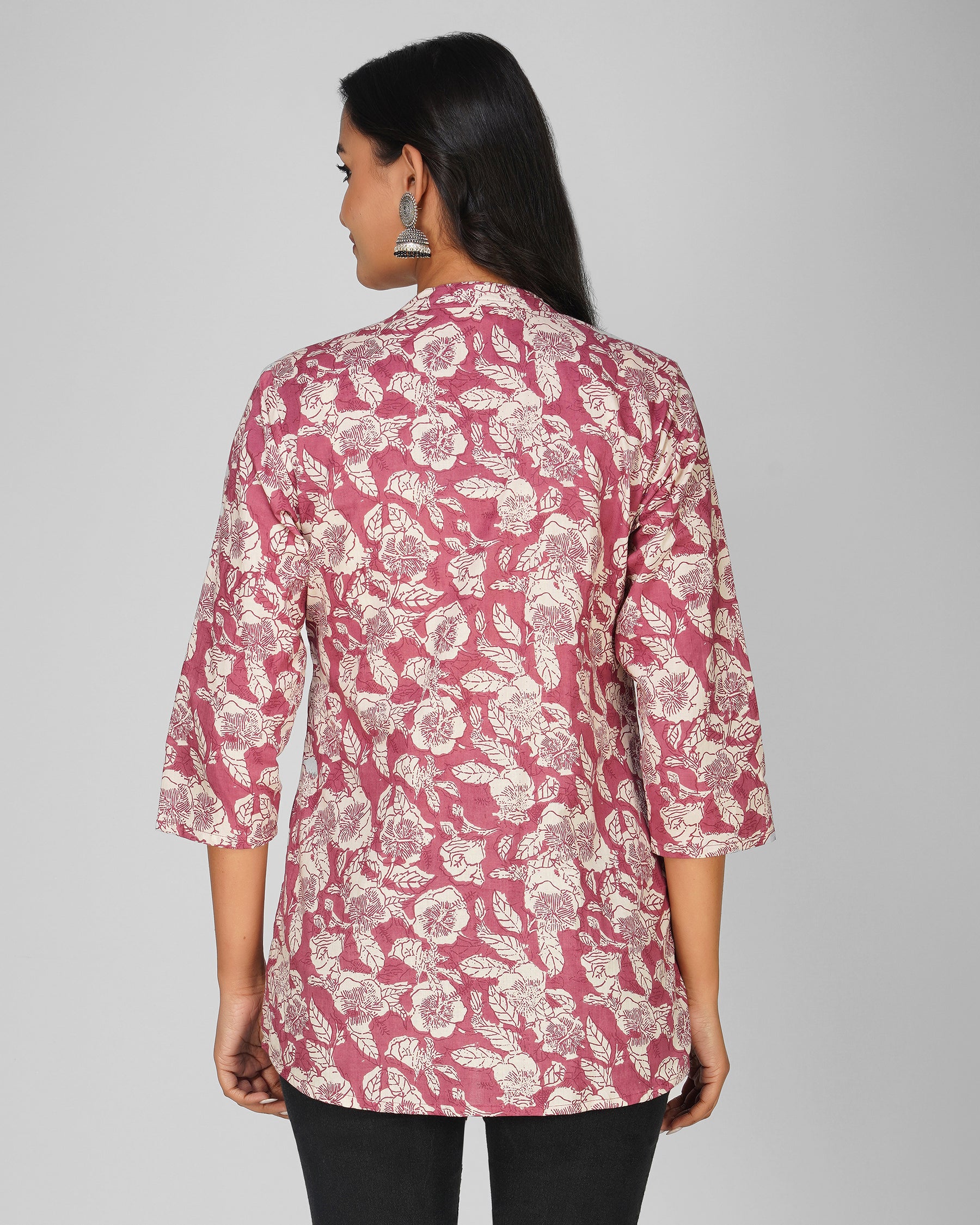 Pink Printed Mandarin Collar Cotton Top