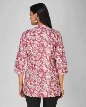 Pink Printed Mandarin Collar Cotton Top