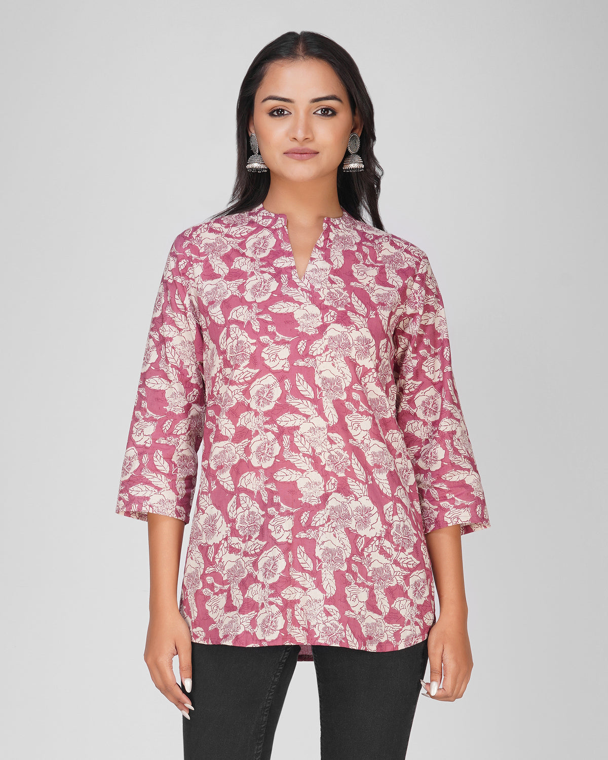 Pink Printed Mandarin Collar Cotton Top