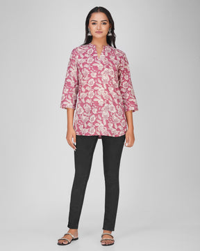 Pink Printed Mandarin Collar Cotton Top