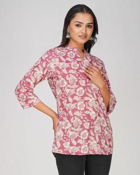 Pink Printed Mandarin Collar Cotton Top