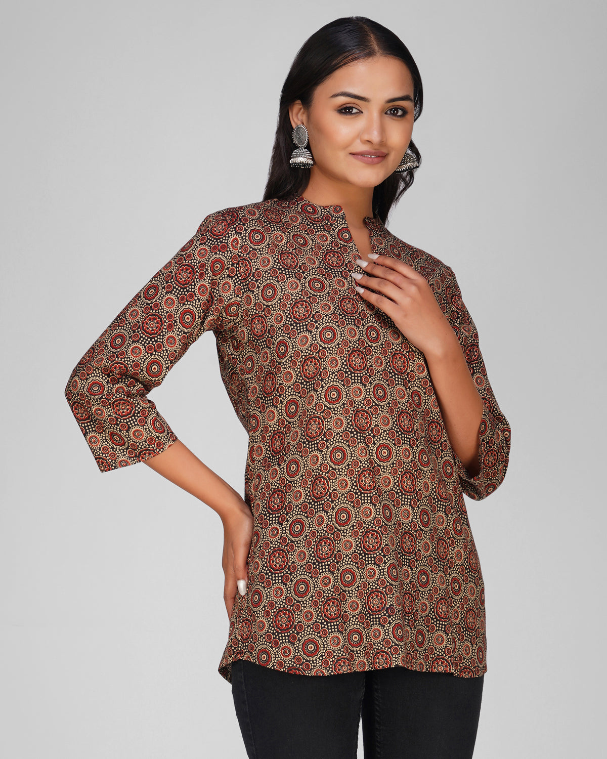 Black Printed Mandarin Collar Cotton Top