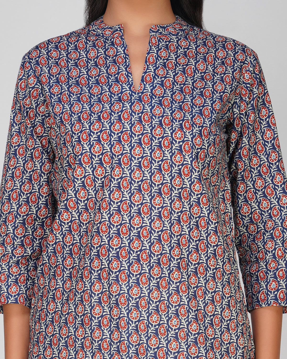 Blue Printed Mandarin Collar Cotton Top