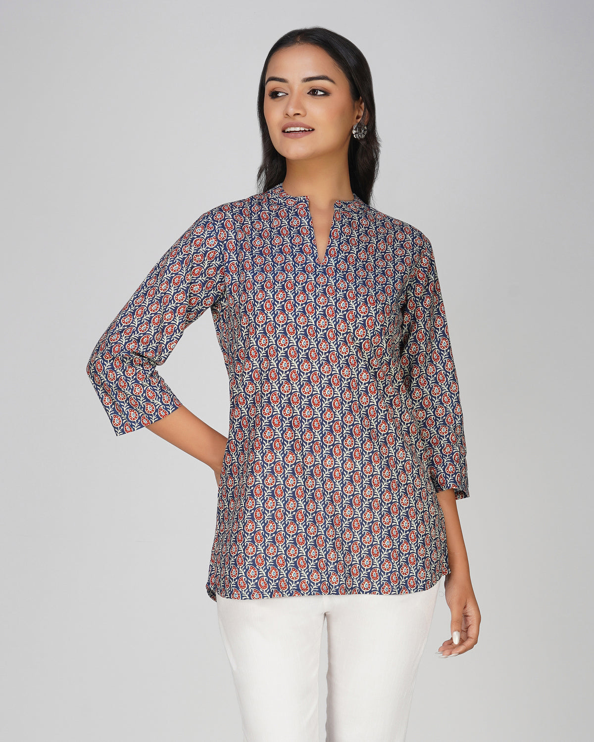 Blue Printed Mandarin Collar Cotton Top