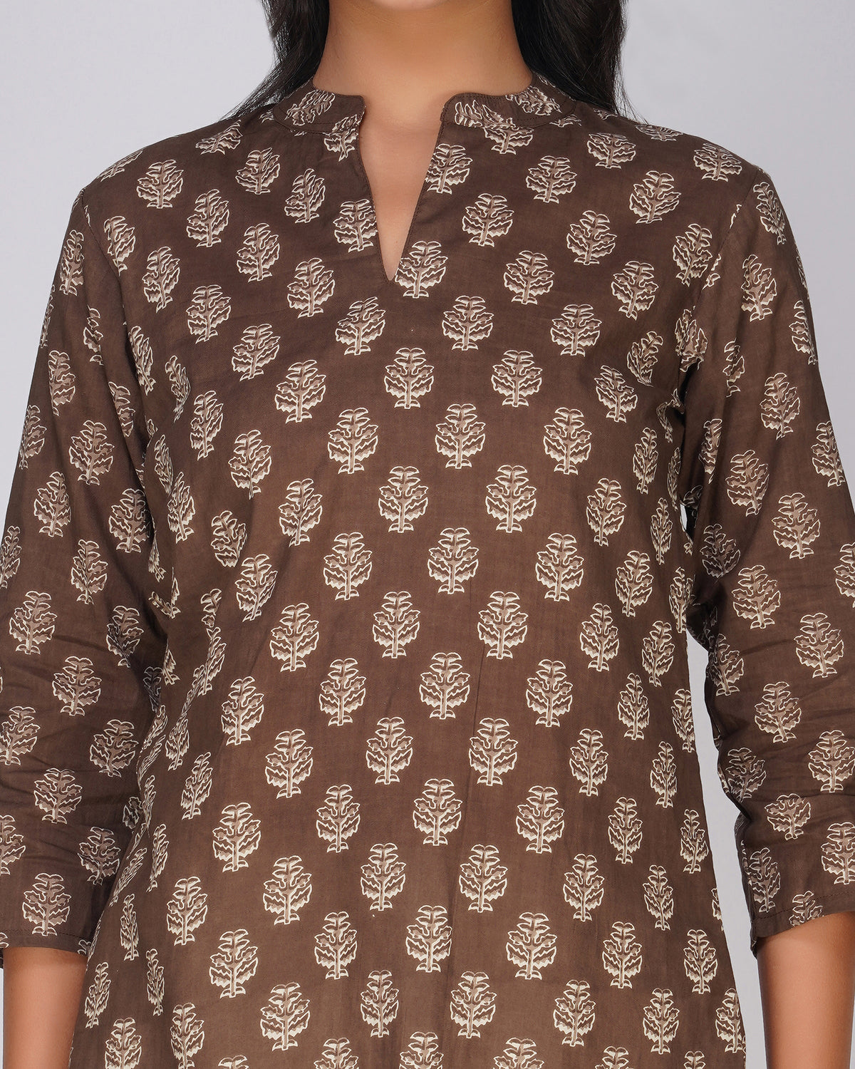 Brown Printed Mandarin Collar Cotton Top