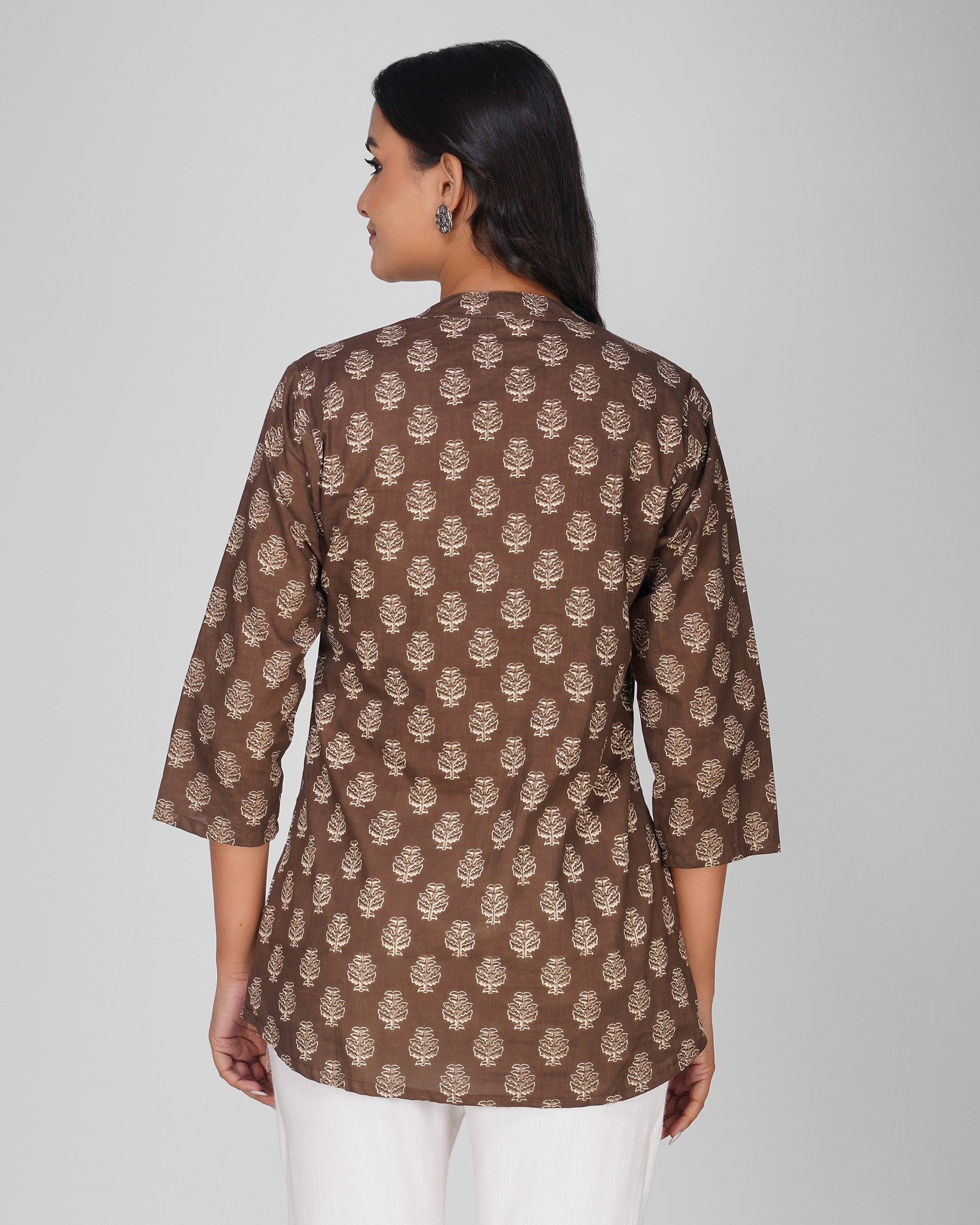 Brown Printed Mandarin Collar Cotton Top