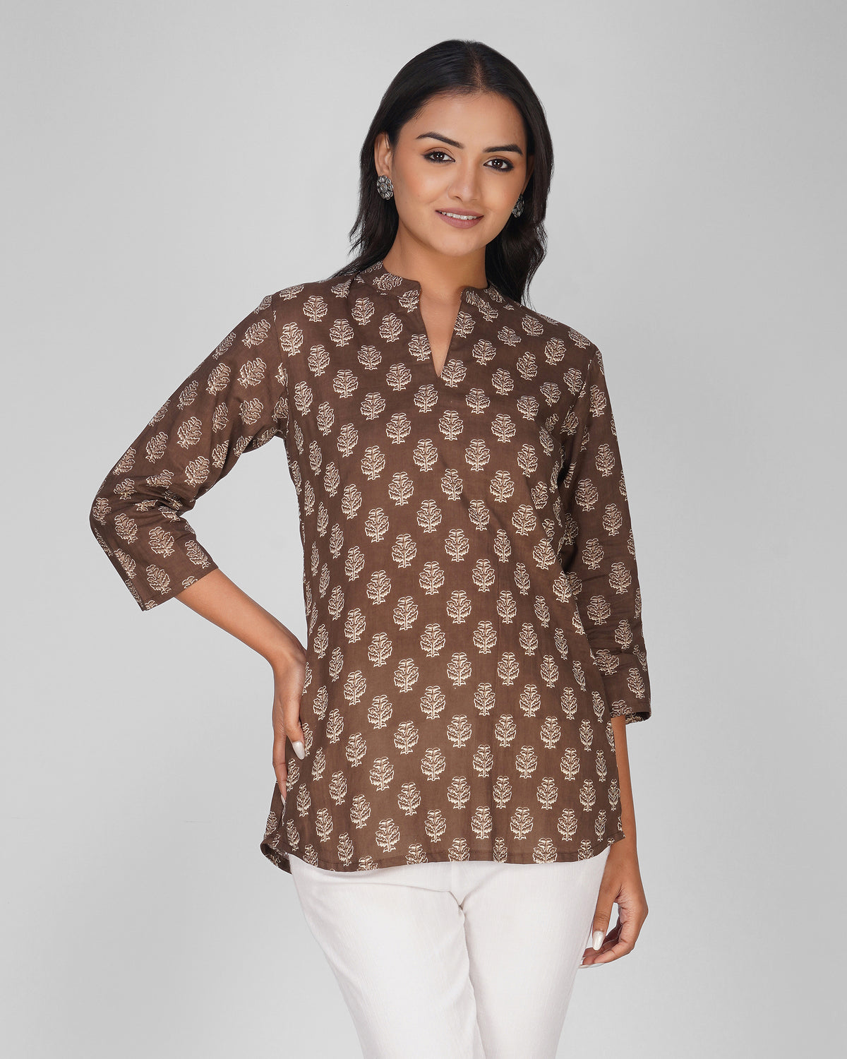 Brown Printed Mandarin Collar Cotton Top