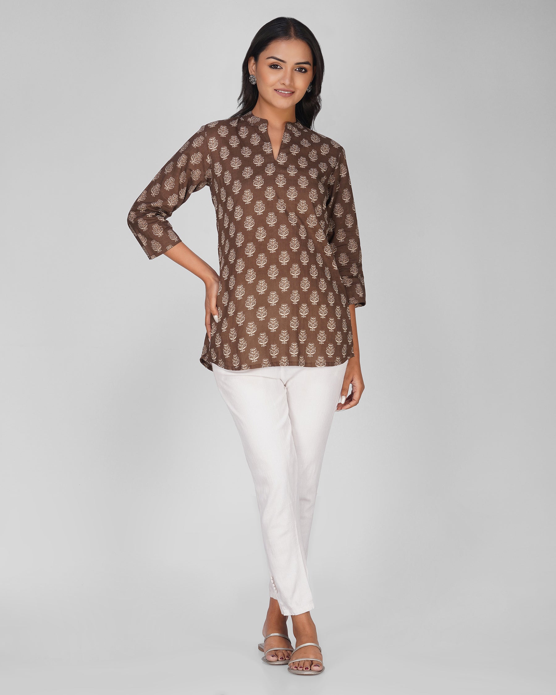 Brown Printed Mandarin Collar Cotton Top