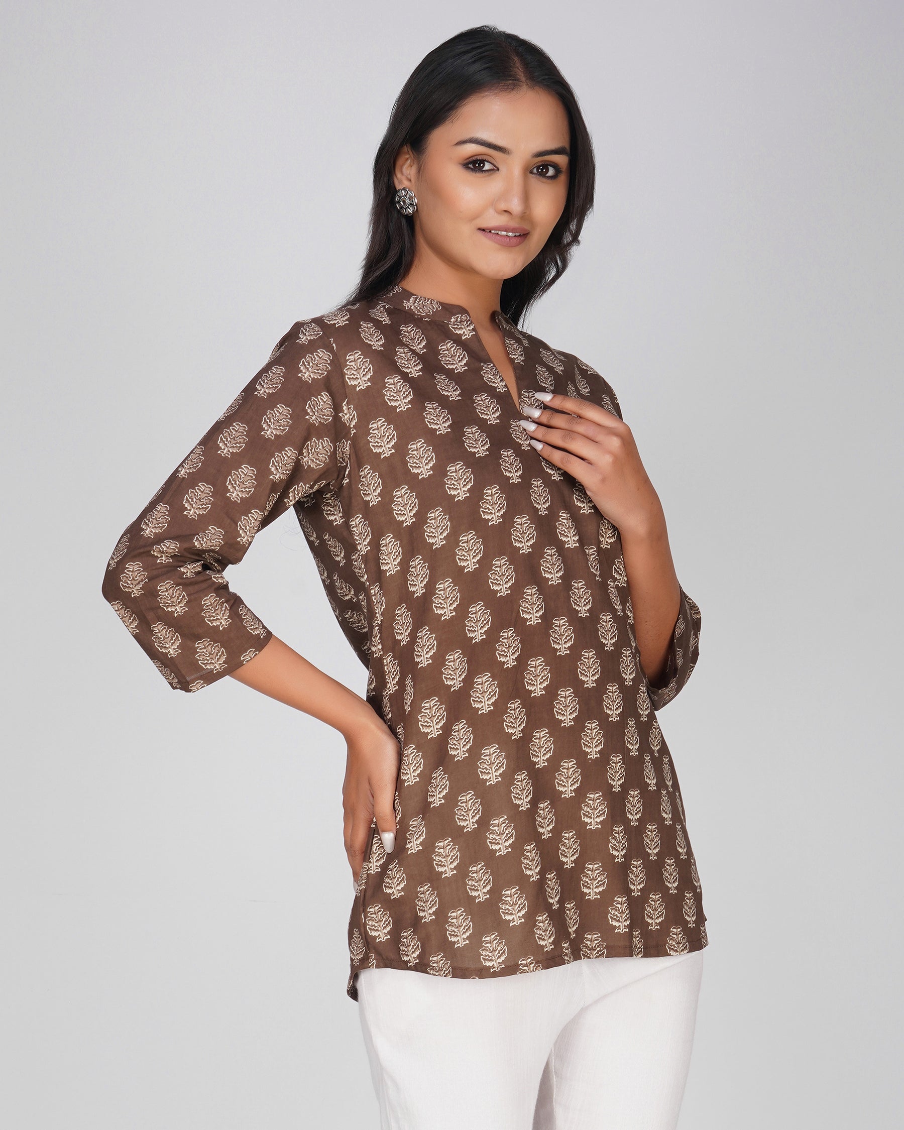 Brown Printed Mandarin Collar Cotton Top