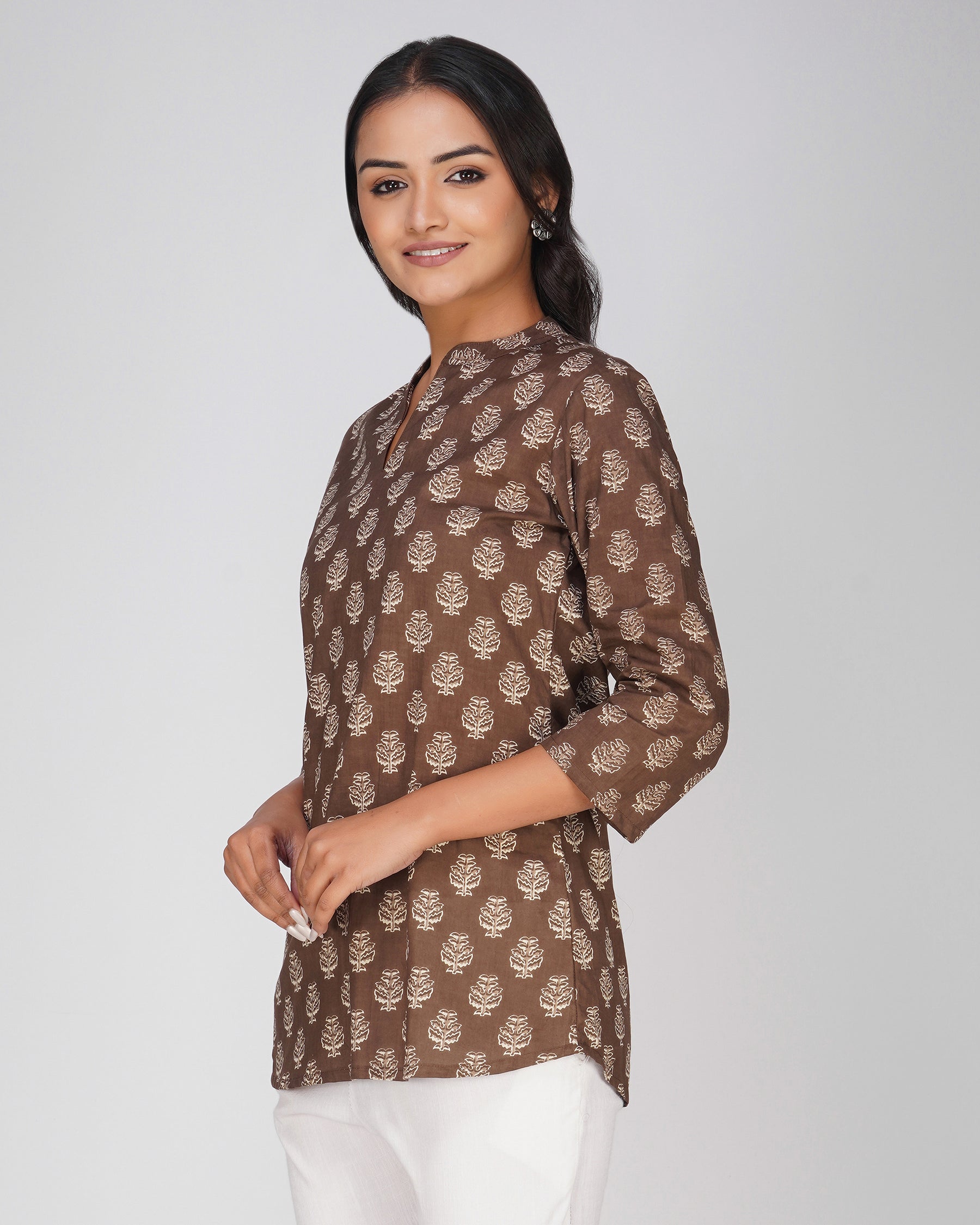 Brown Printed Mandarin Collar Cotton Top