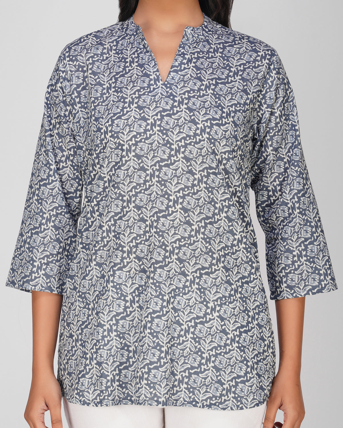 Blue Grey Printed Mandarin Collar Cotton Top