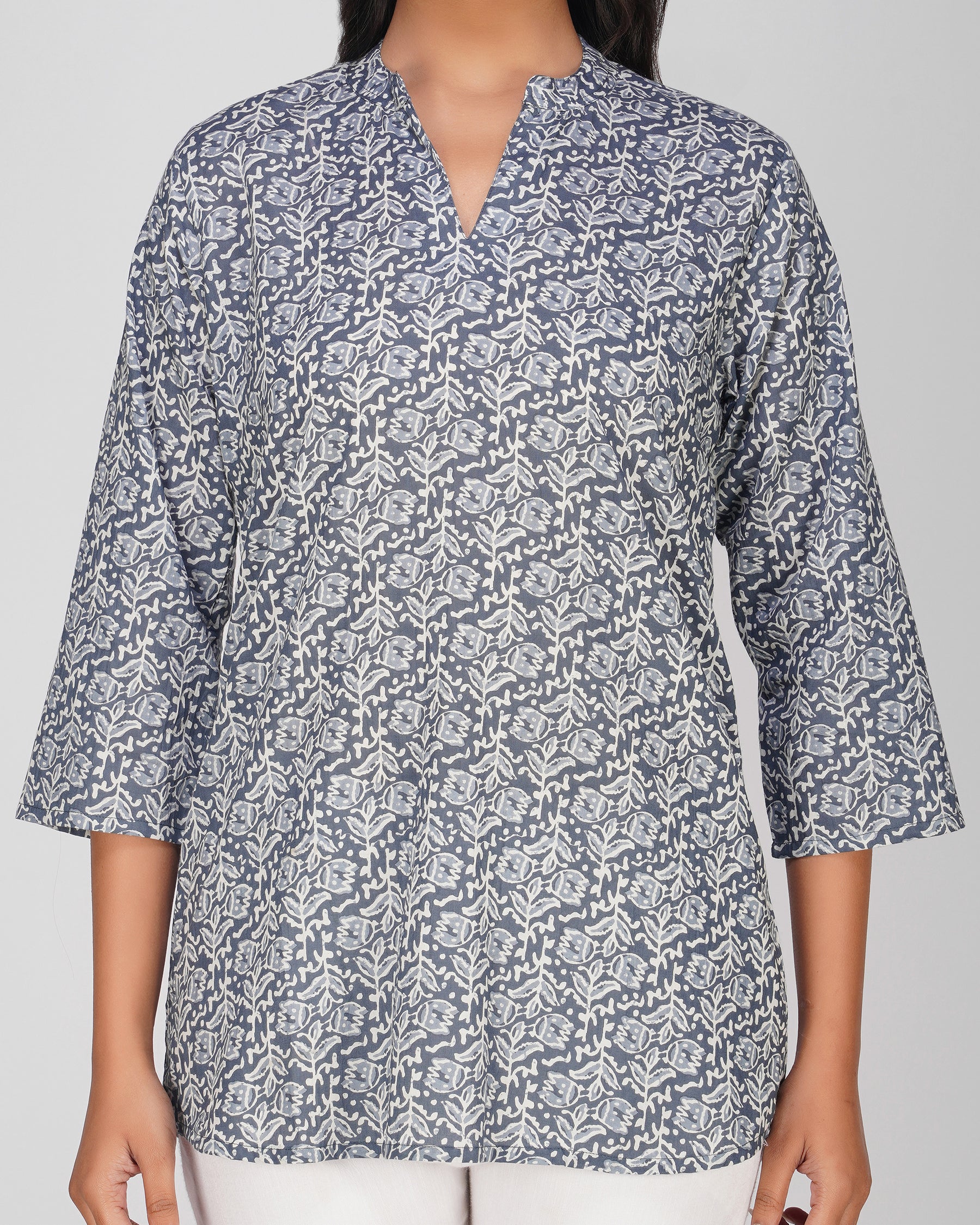 Blue Grey Printed Mandarin Collar Cotton Top