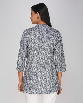 Blue Grey Printed Mandarin Collar Cotton Top