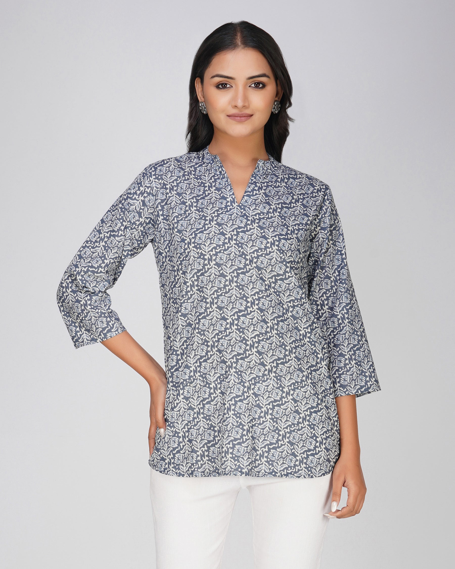 Blue Grey Printed Mandarin Collar Cotton Top