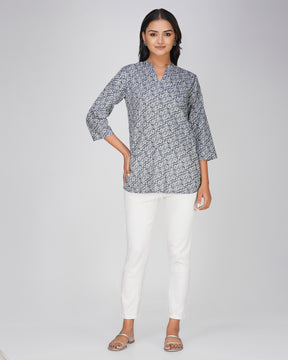 Blue Grey Printed Mandarin Collar Cotton Top