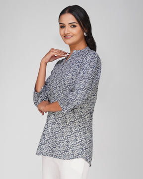 Blue Grey Printed Mandarin Collar Cotton Top