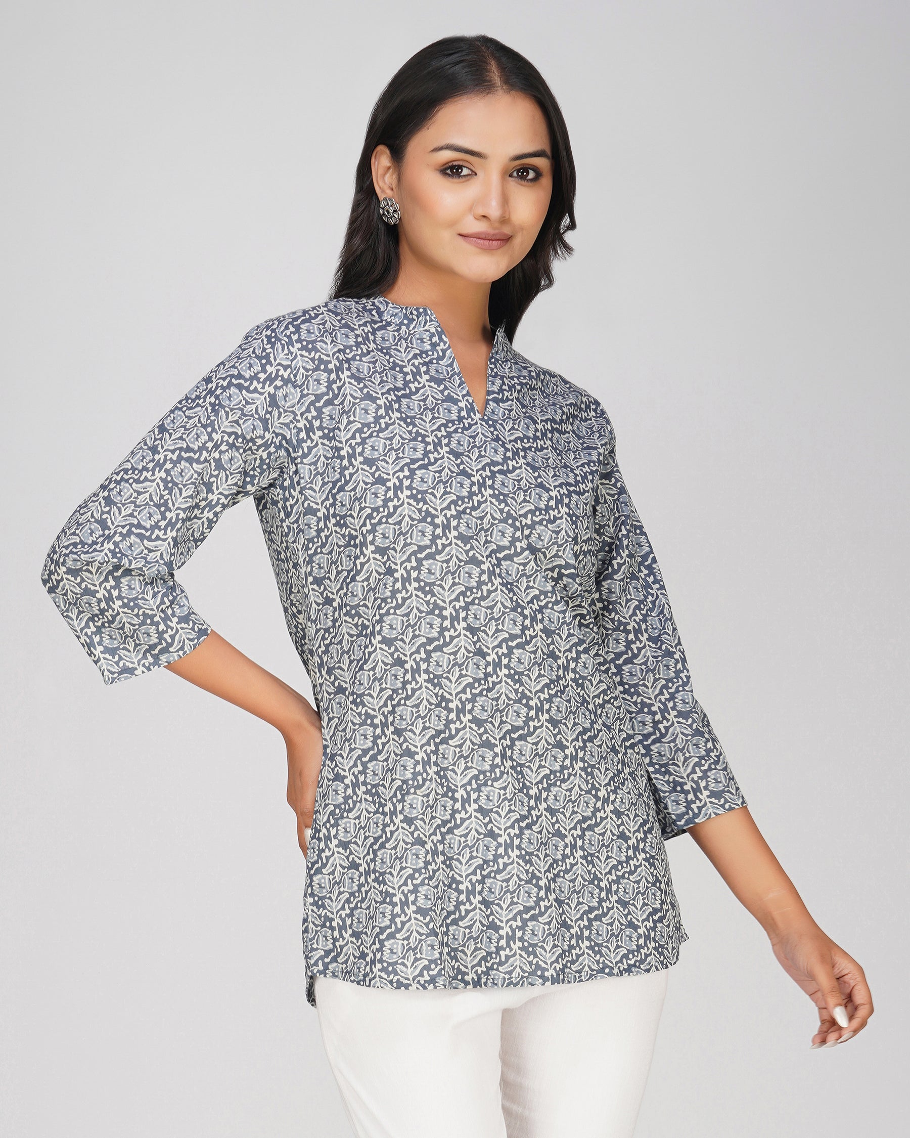 Blue Grey Printed Mandarin Collar Cotton Top