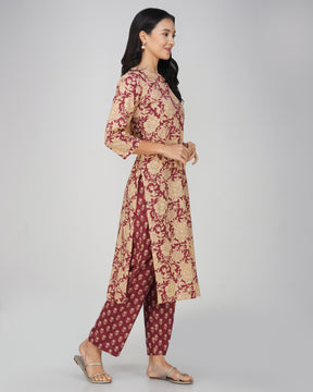 Maroon Printed Round V-Neck Cotton Kurta Set