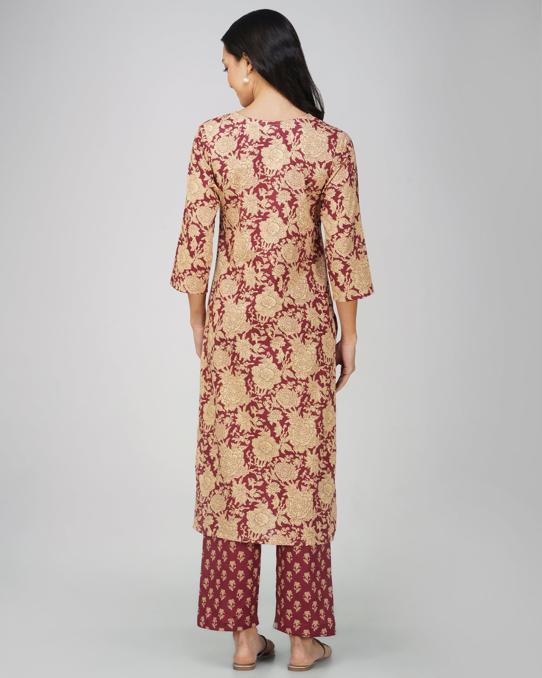 Maroon Printed Round V-Neck Cotton Kurti